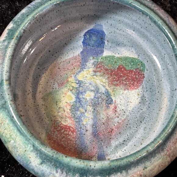 Frog Pond Pottery Seagrove NC Hand Thrown Bowl Multicolor Blues Glazed Signed - Picture 2 of 7